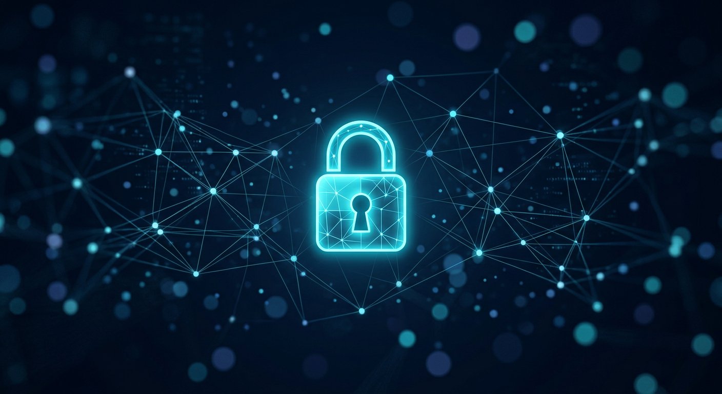 Glowing padlock over a blue circuit network graphic
